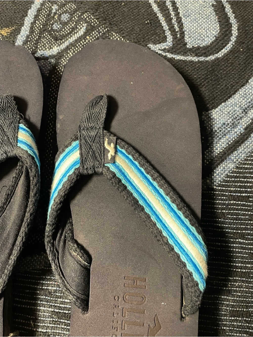 Hollister Black Flip-Flops with Blue and White Striped Straps